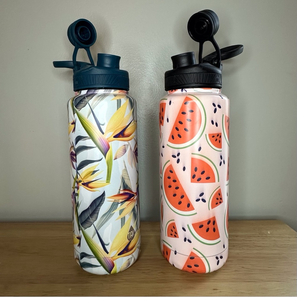 Lot of 2‎ Tal 40 oz insulated stainless steel travel water bottles w/ lids